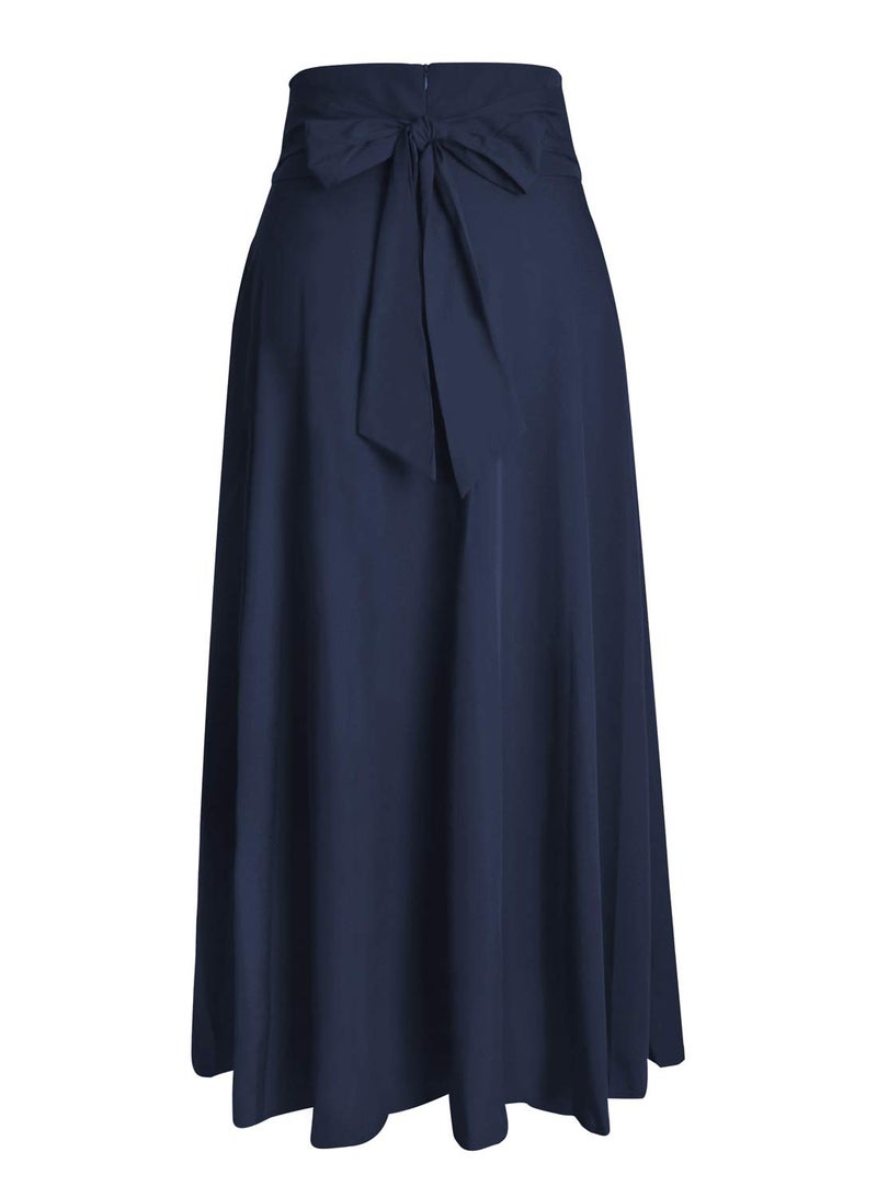 RANPHEE Women's Navy Blue Pleated Skirts Cute High Waist A Line Full Length Novelty Beach Travel Vacation Long Slit Skirt with Pockets XL 1X - Image 3